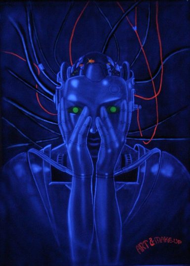 Future Kopf einer Roboterfrau mit Verkabelung, UV Farben mit Airbrush