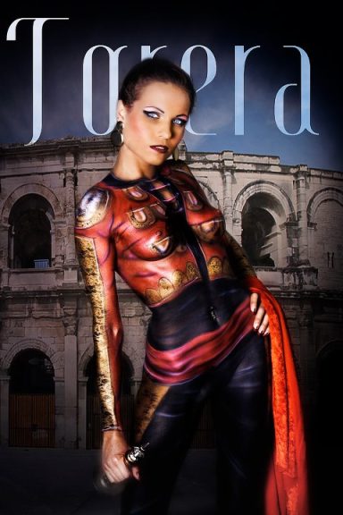 Torera Studiopainting: Kleidung einer Torera in Rot, Gold und Schwarz.